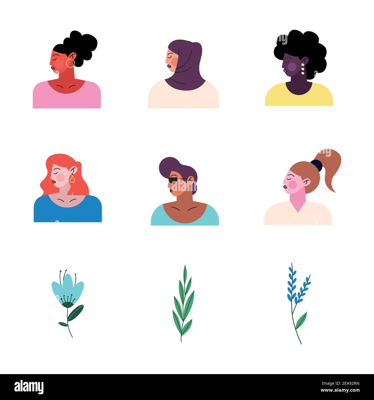 group of six young women characters and flowers vector illustration