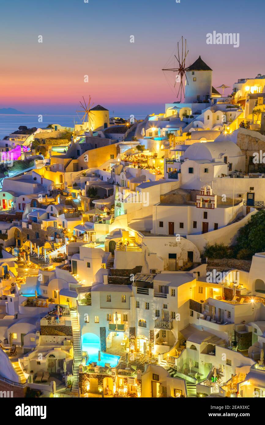 Night after sunset view of traditional Greek village Oia on Santorini ...