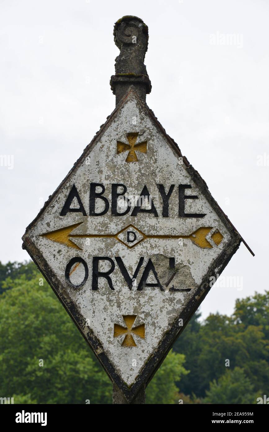 sign towards Abbay of Orval, Belgium Stock Photo