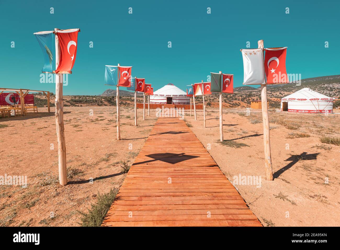 07 September 2020, Isparta, Turkey: Eco settlement with Kyrgyz yurts Stock Photo