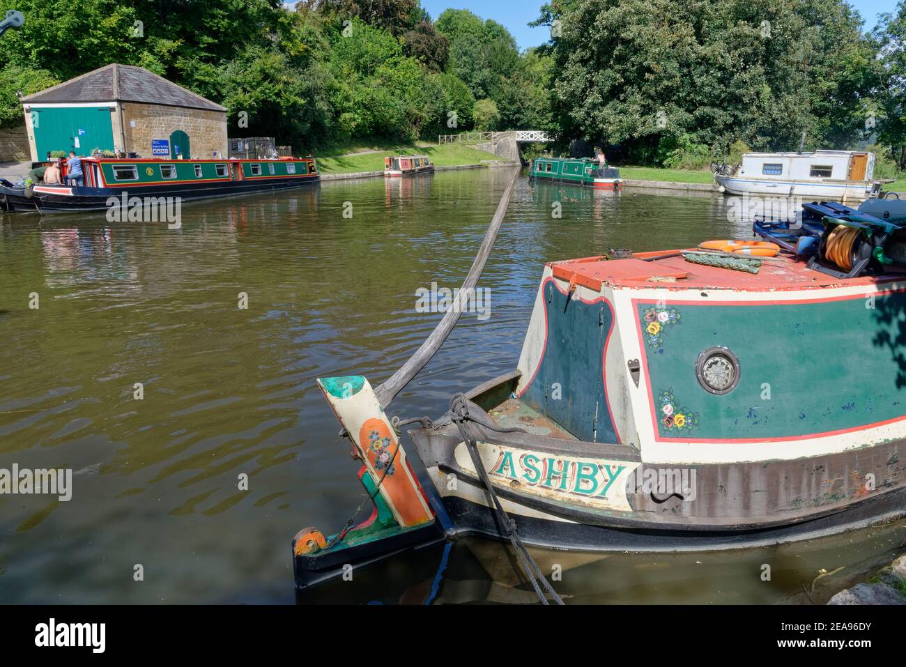 Barges moored on the Kennet and Avon Canal, near Bath, Somerset, UK, August. Stock Photo