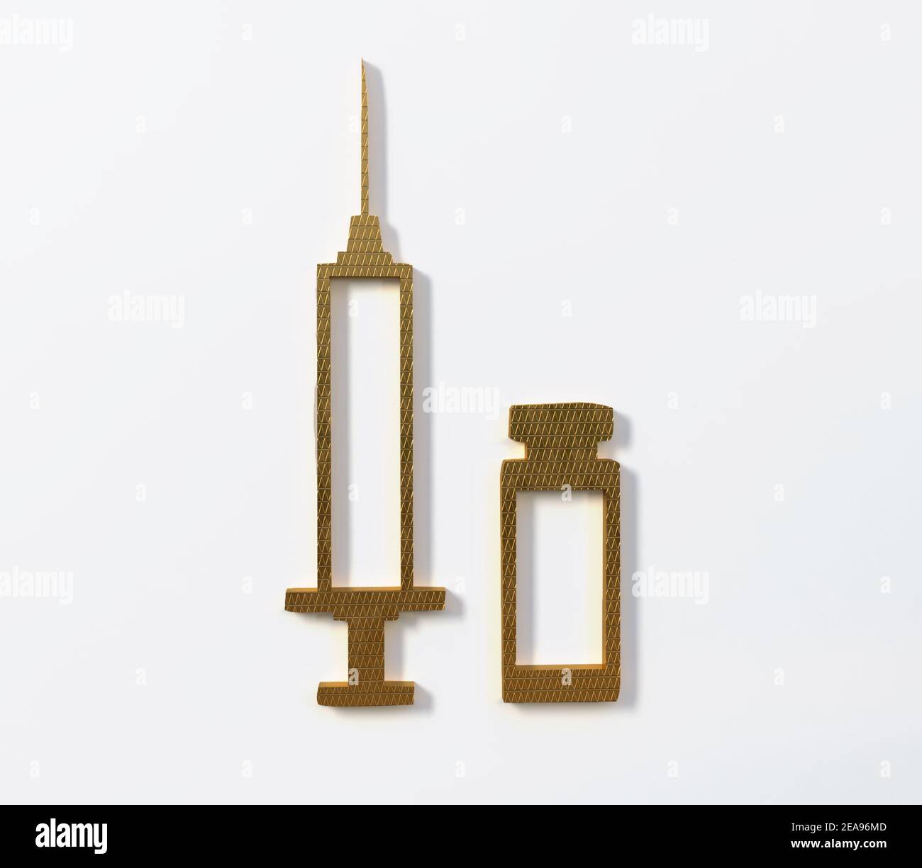 Golden syringe and ampoule symbol golden vaccination emblem Stock Photo