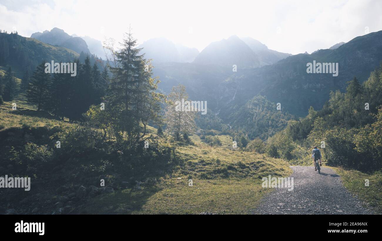 A man on a mountain bike travels the Wildental in Kleinwalsertal, Austria. The sheep's alpine heads appear in the background Stock Photo