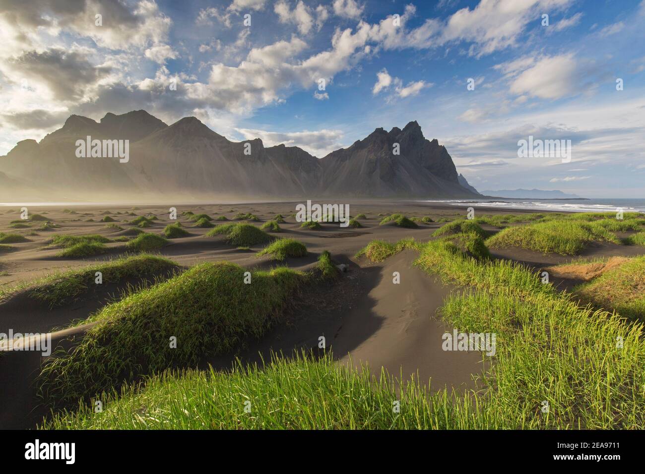 Vestrahorn / Vesturhorn, scree mountain made of gabbro and granophyre rocks, part of the Klifatindur mountain range at Stokksnes, Iceland Stock Photo