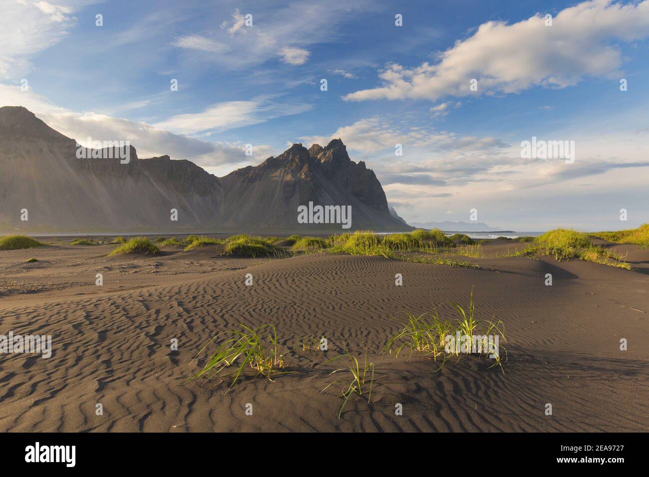 Vestrahorn / Vesturhorn, scree mountain made of gabbro and granophyre rocks, part of the Klifatindur mountain range at Stokksnes, Iceland Stock Photo