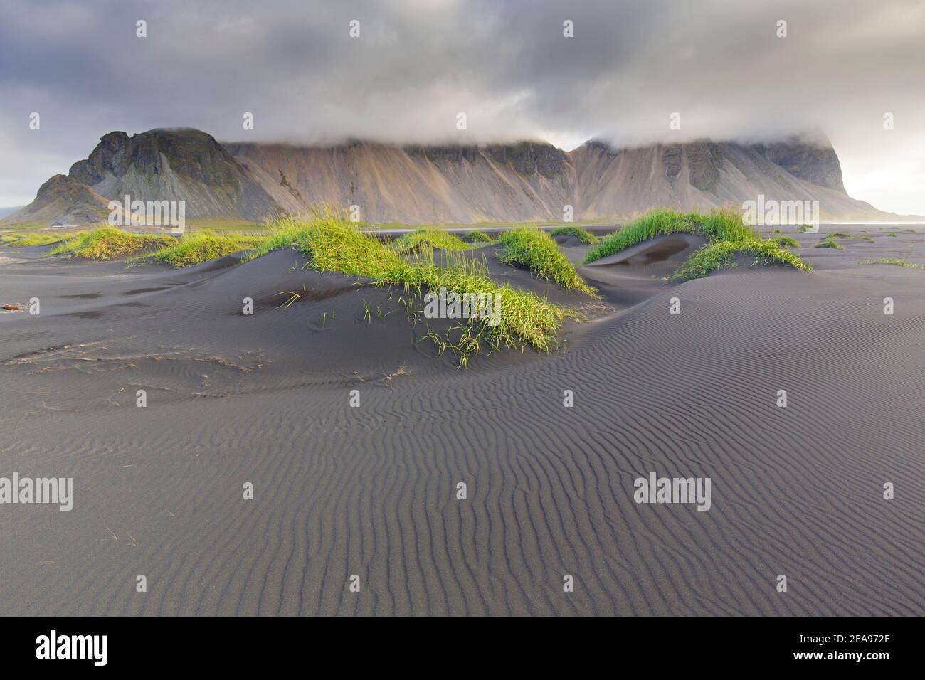 Vestrahorn / Vesturhorn, scree mountain made of gabbro and granophyre rocks, part of the Klifatindur mountain range at Stokksnes, Iceland Stock Photo