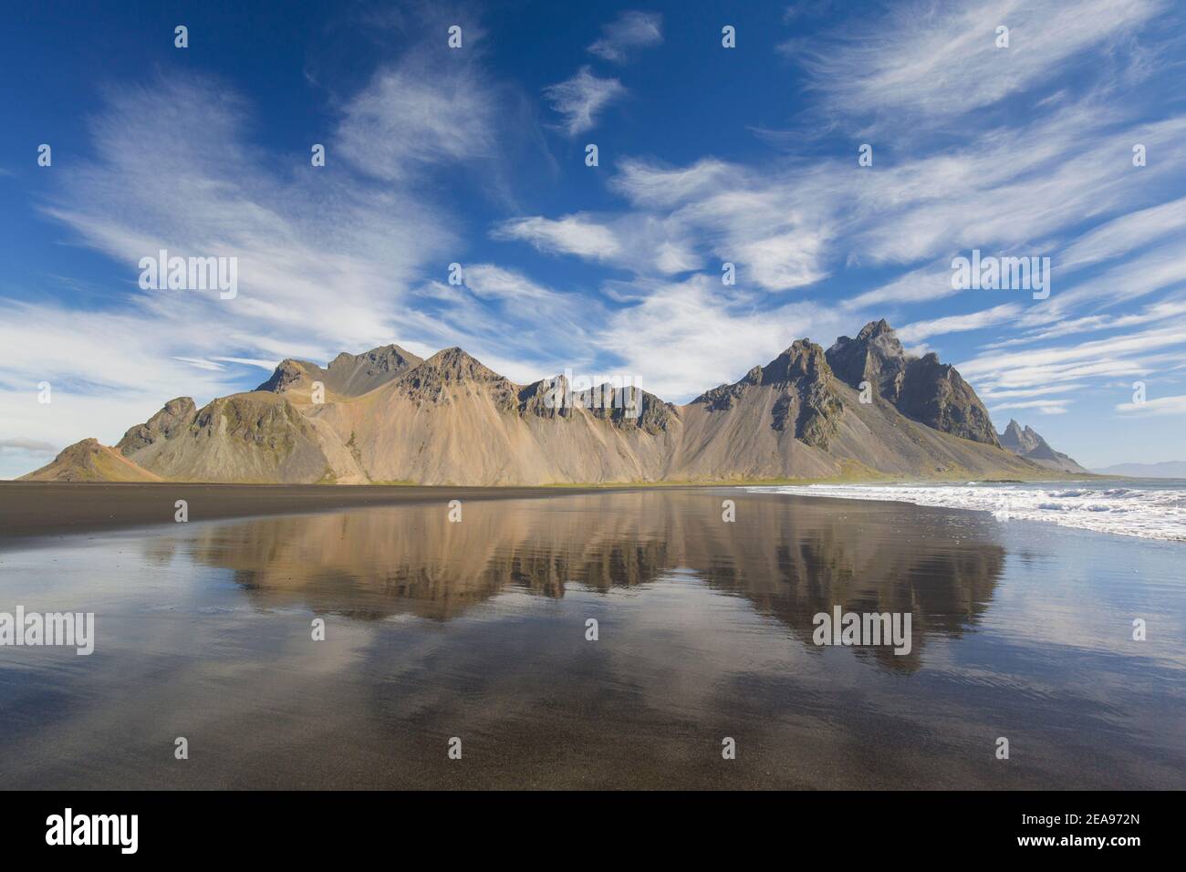 Vestrahorn / Vesturhorn, scree mountain made of gabbro and granophyre rocks, part of the Klifatindur mountain range at Stokksnes, Iceland Stock Photo