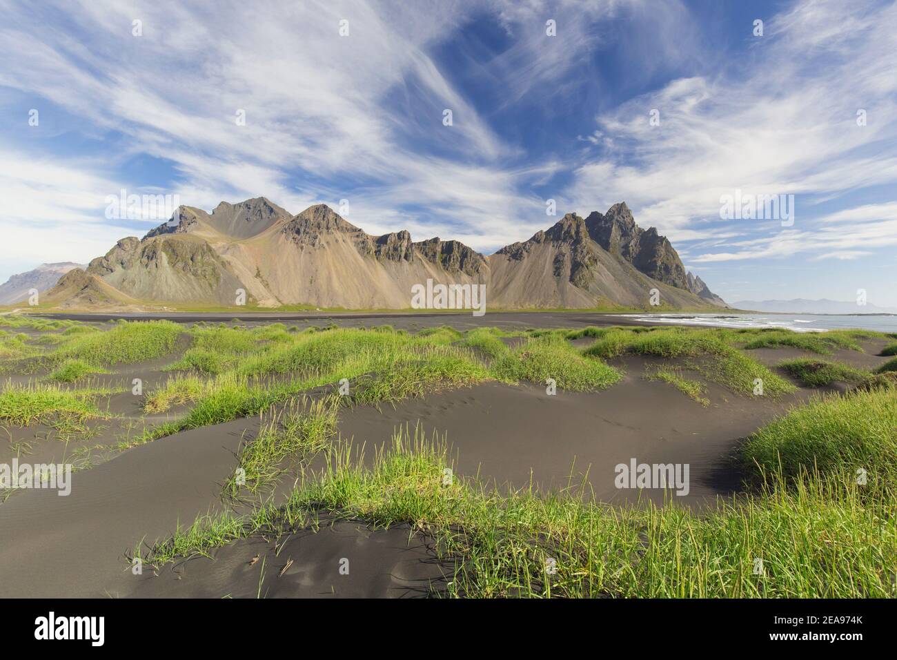 Vestrahorn / Vesturhorn, scree mountain made of gabbro and granophyre rocks, part of the Klifatindur mountain range at Stokksnes, Iceland Stock Photo