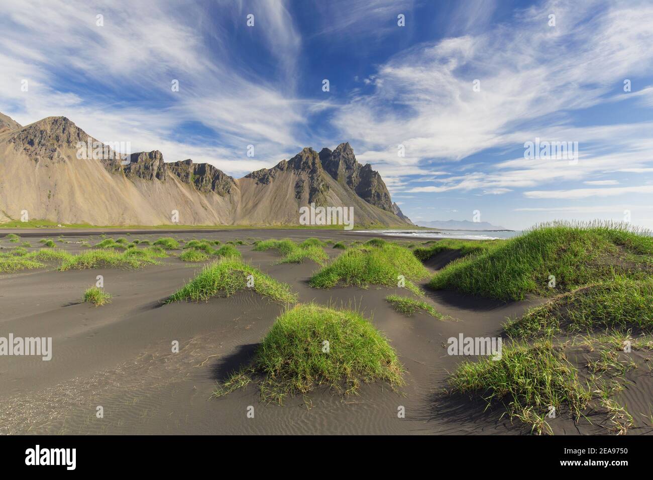 Vestrahorn / Vesturhorn, scree mountain made of gabbro and granophyre rocks, part of the Klifatindur mountain range at Stokksnes, Iceland Stock Photo