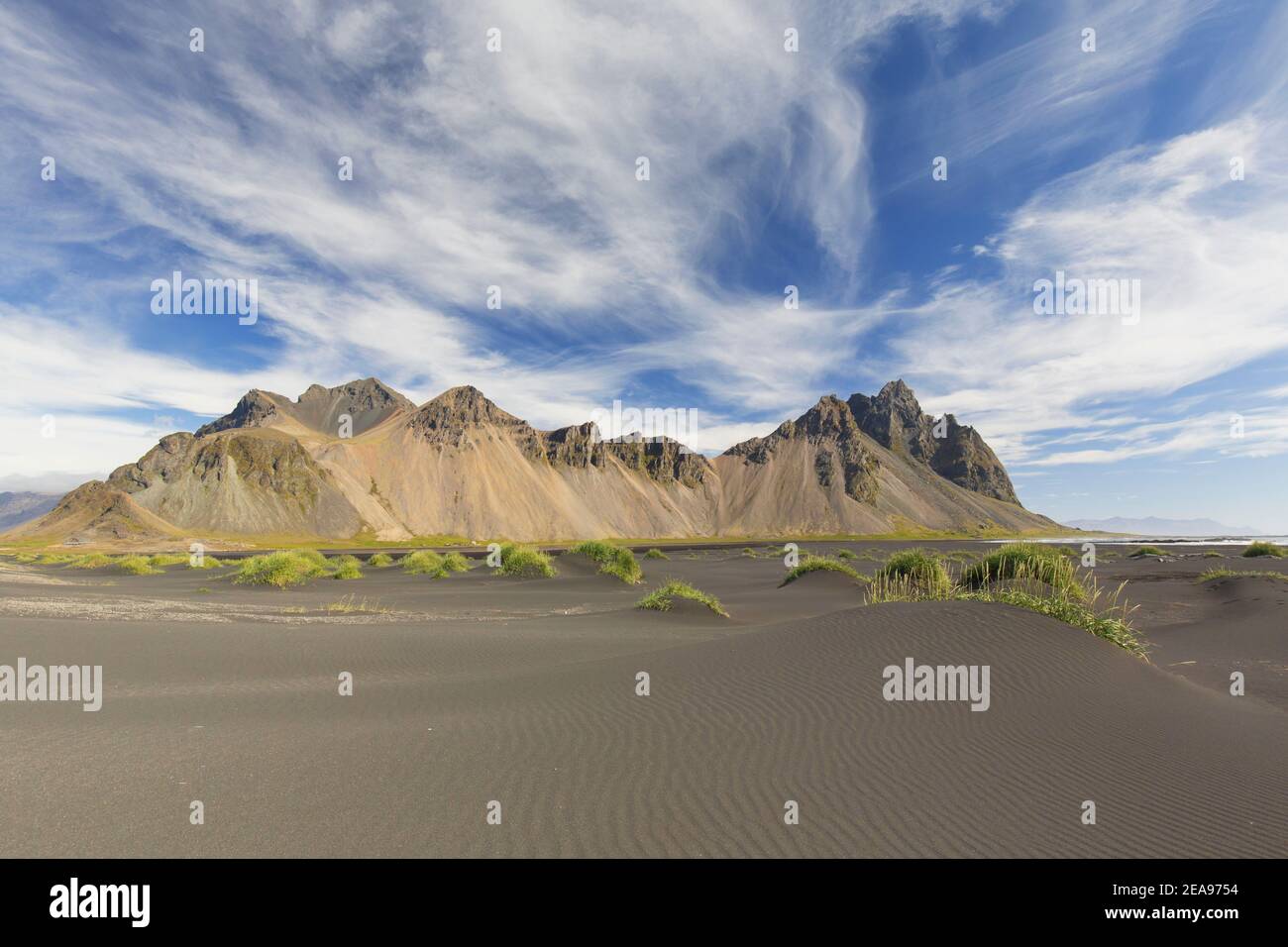 Vestrahorn / Vesturhorn, scree mountain made of gabbro and granophyre rocks, part of the Klifatindur mountain range at Stokksnes, Iceland Stock Photo