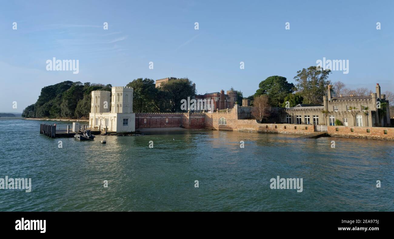 Brownsea Castle family pier and landing stage and Villano Cafe, Brownsea Island, Poole Harbour, Dorset, UK, December. Stock Photo