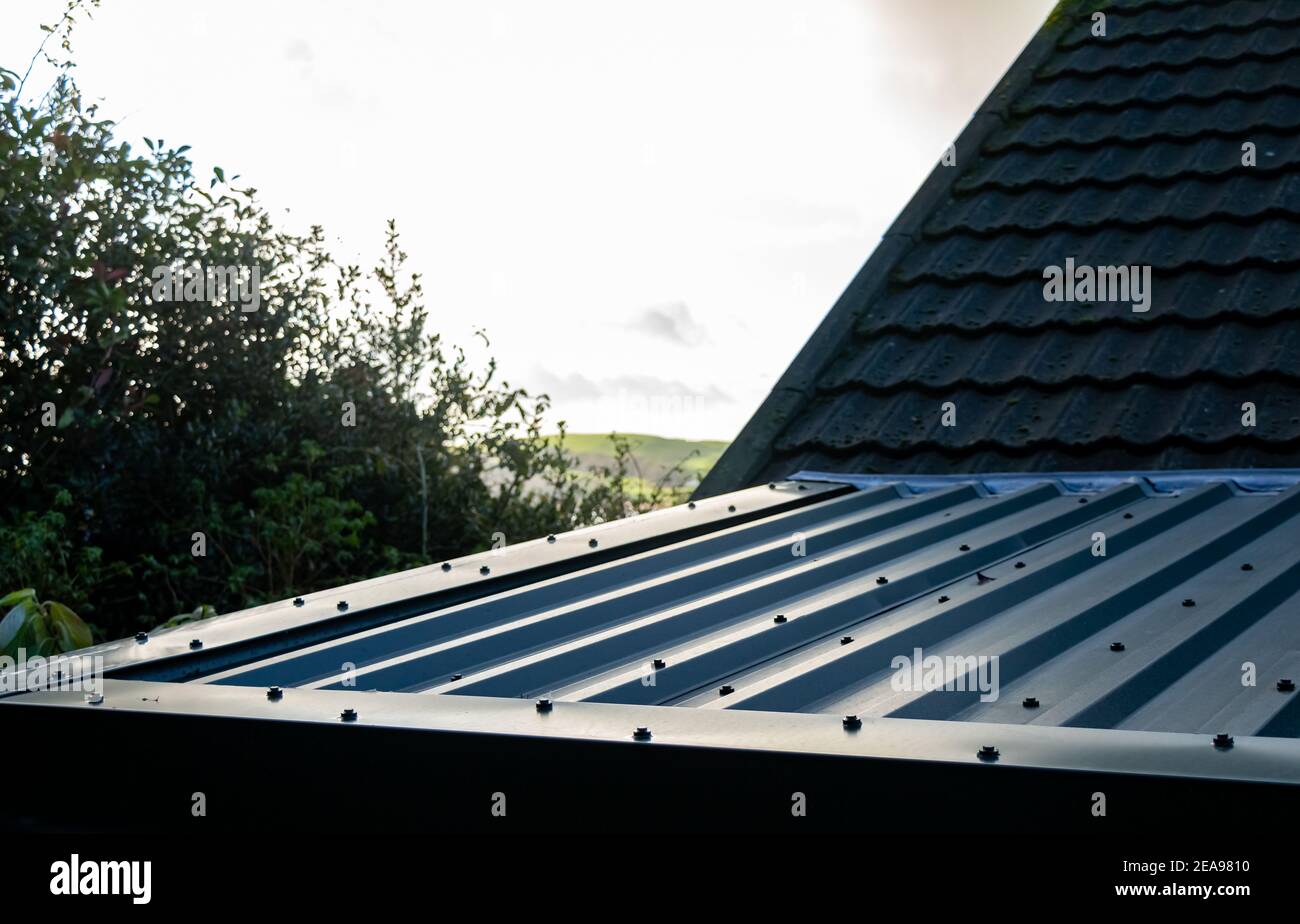 Steel preformed metal roof panels Stock Photo