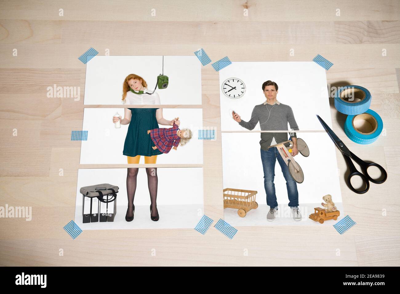 Collage of woman and man in different roles, stuck on table, with scissors, tape Stock Photo
