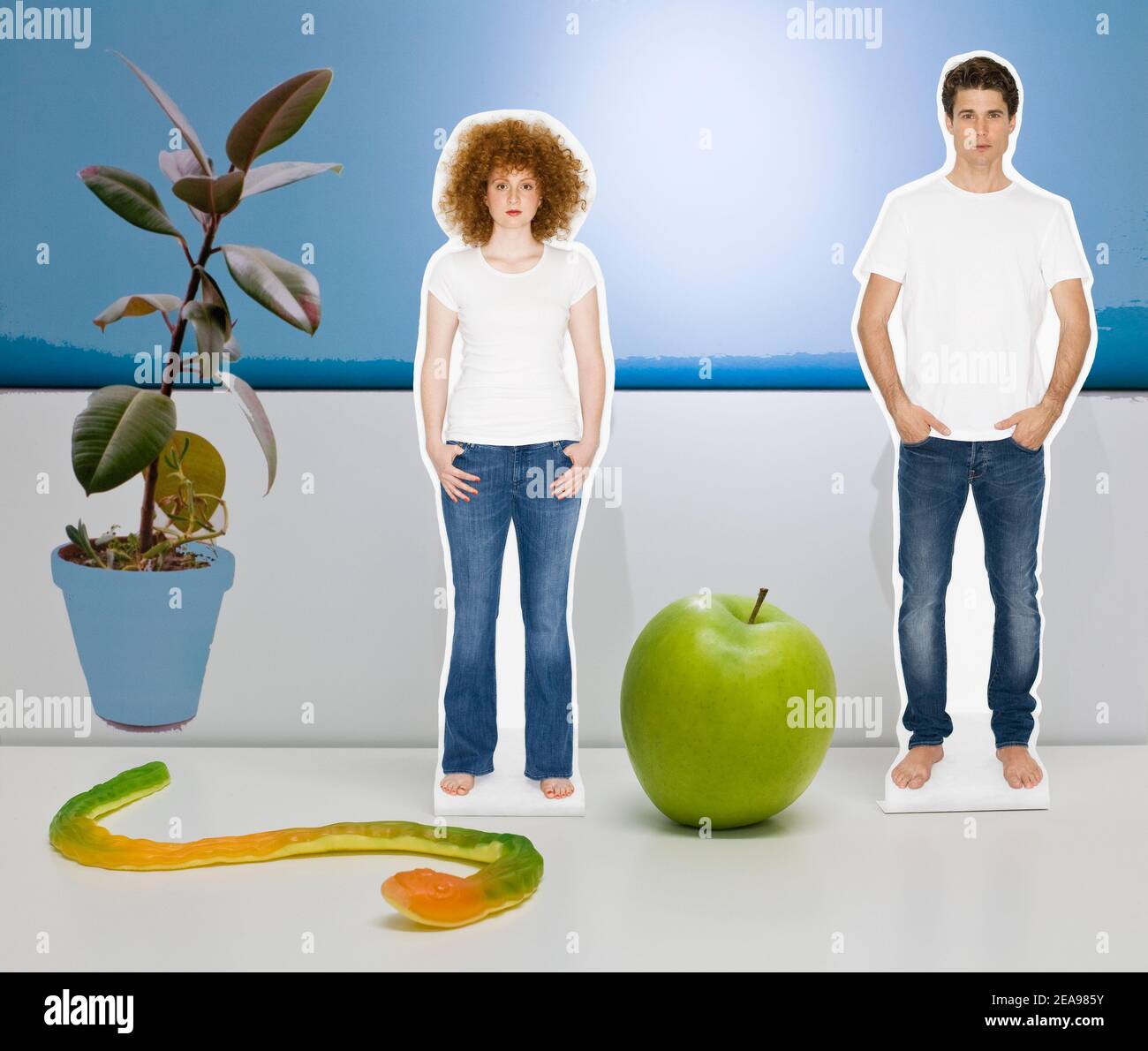 Collage, man and woman, in jeans and T-shirt, with green apple, and rubber snake, next to rubber tree, voe white-blue background, symbolic picture Stock Photo