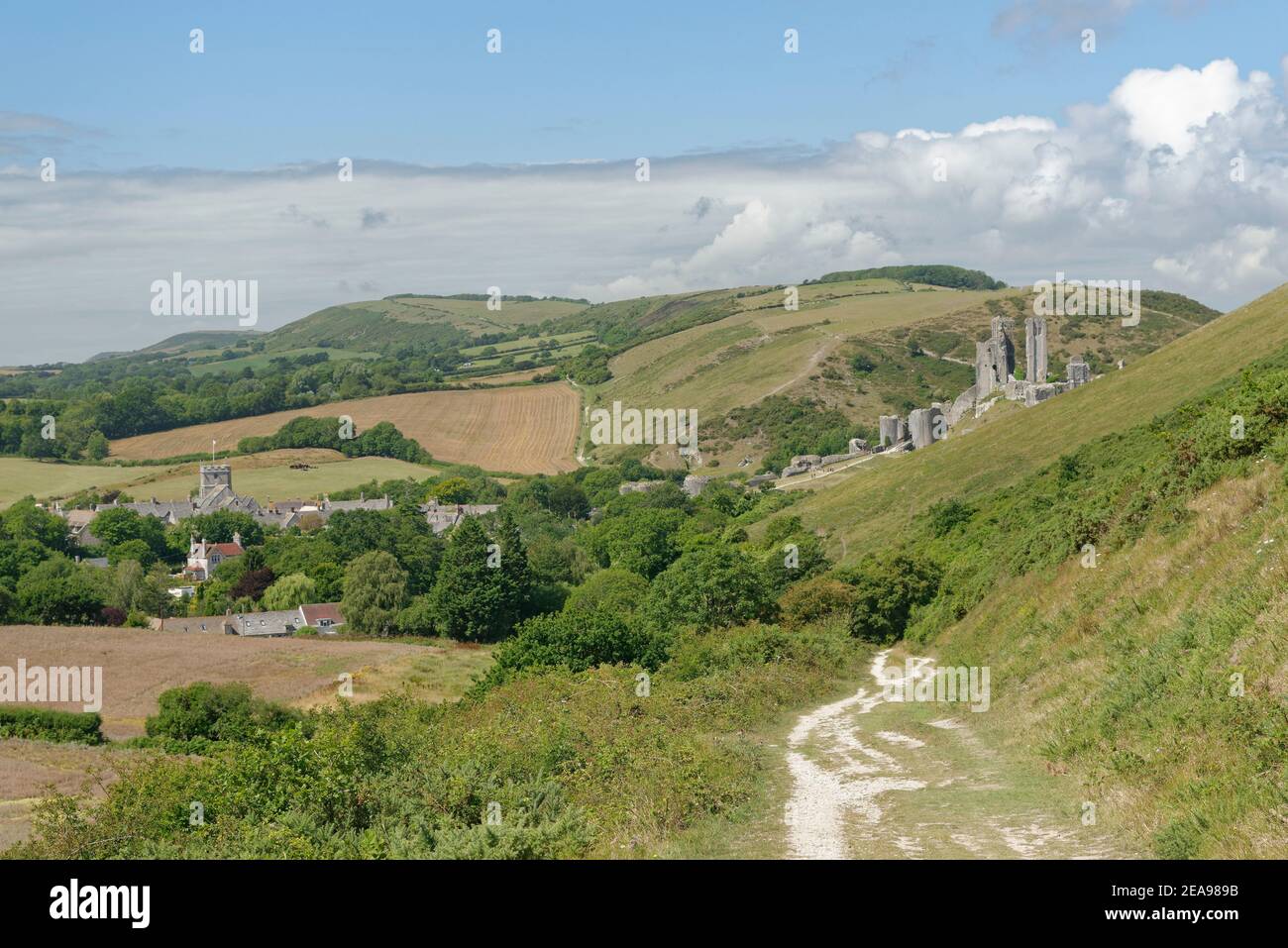 View down the Purbeck Way from Ballard Down to Corfe Castle, Dorset, UK, August 2020. Stock Photo