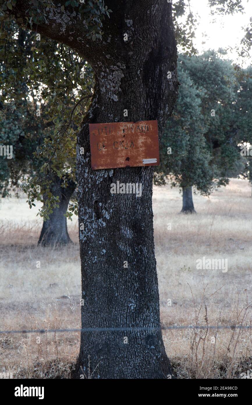 rusty hunting ground sign in spanish Stock Photo