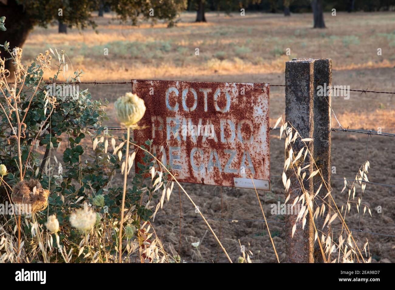 rusty hunting ground sign in spanish Stock Photo