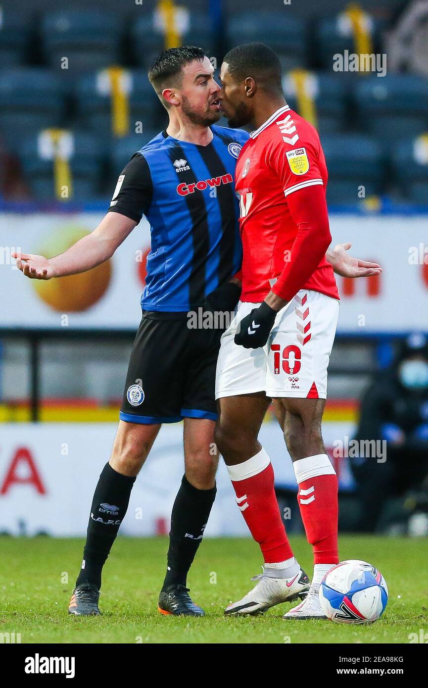 Tempers flare between Charlton Athletic's Chuks Aneke (right) and Rochdale's Eoghan O'Connell during the Sky Bet League One match at Crown Oil Arena, Rochdale. Picture date: Saturday February 6, 2021. Stock Photo