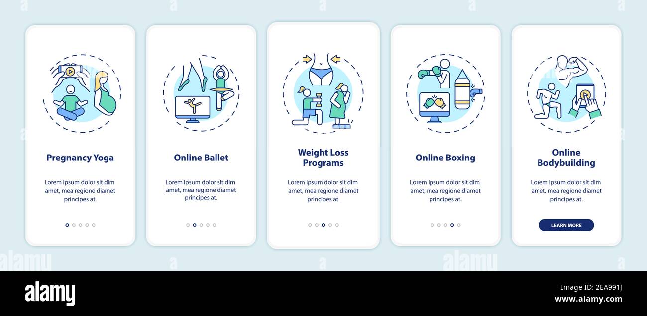 Top online workout programs onboarding mobile app page screen with concepts Stock Vector