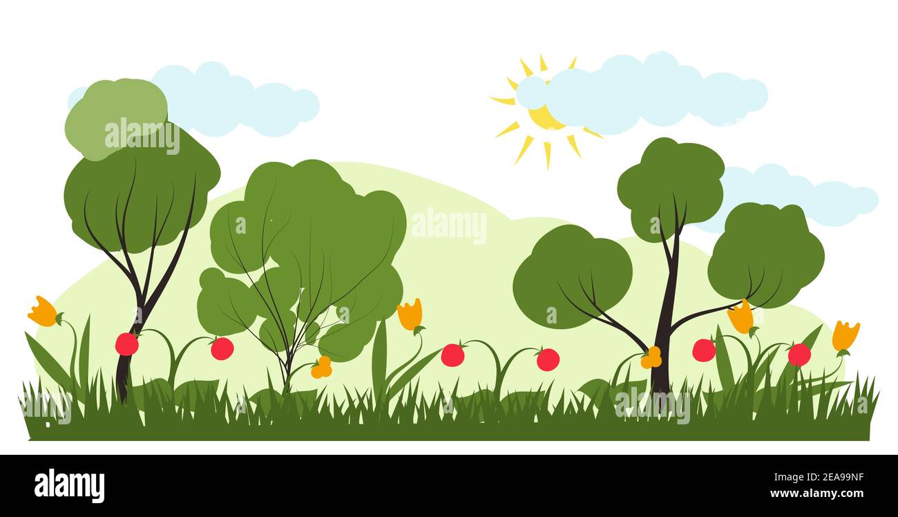 Vector illustration in trendy flat simple style - spring and summer landscape with plants, leaves, flowers - background for banner, greeting card or p Stock Vector