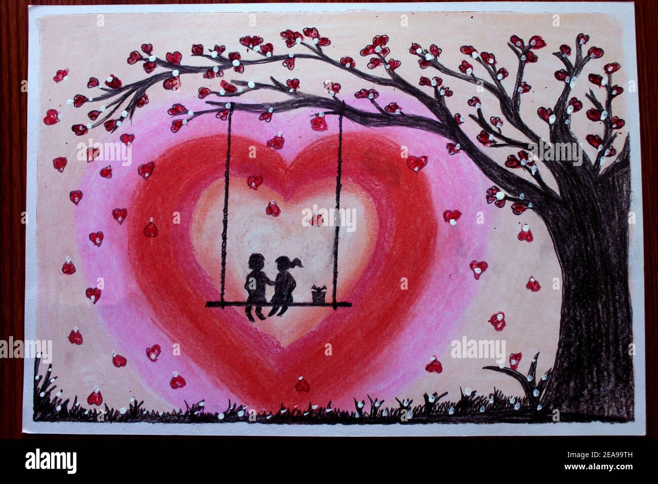 Couple Swing on love tree, Valentine day Special scenery Drawing ...