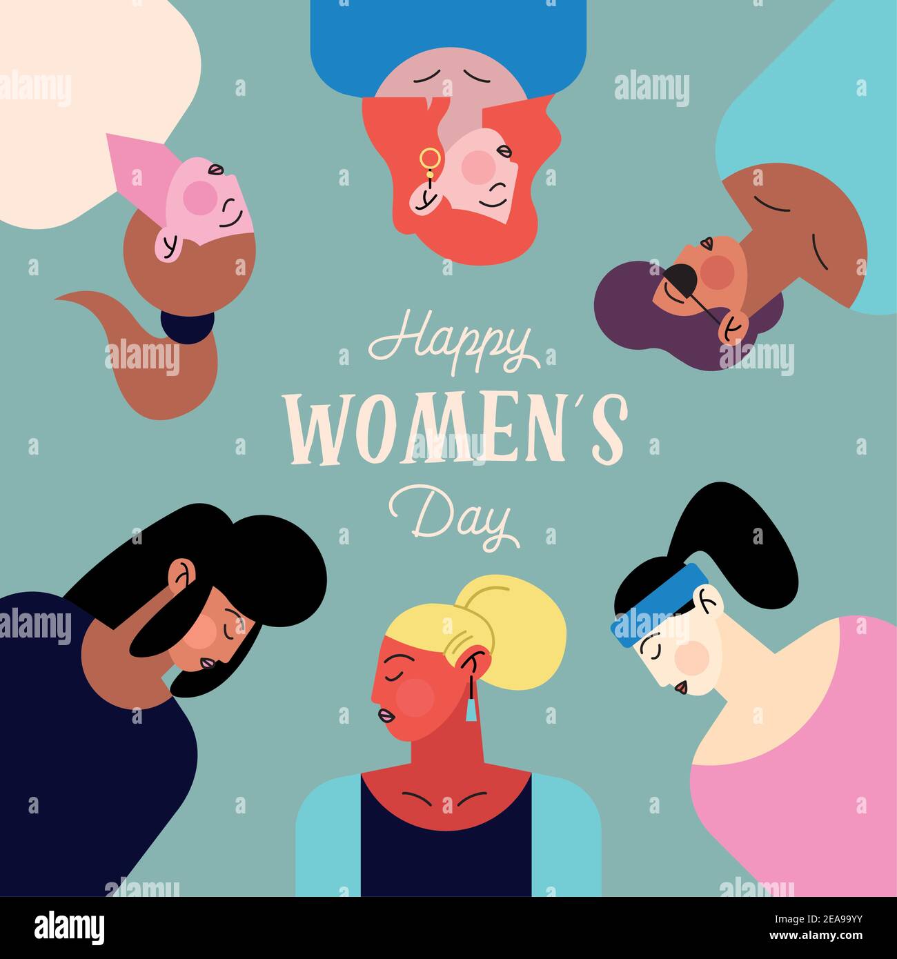 happy womens day lettering with group of six girls characters vector ...
