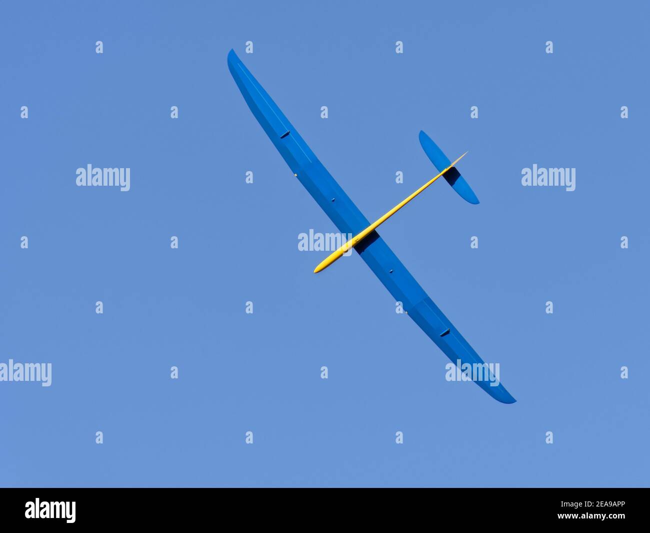 Radio controlled model glider flying overhead above Selsley Common