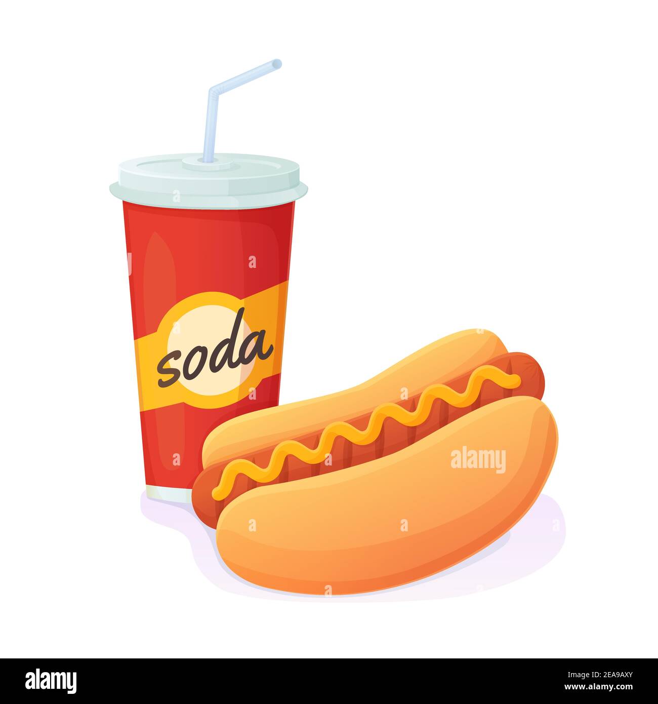 Tasty bright Hot Dog with soda combo. World no diet day, unhealthy fast food concept. Can be used for web, menu,banner. Stock vector illustration Stock Vector