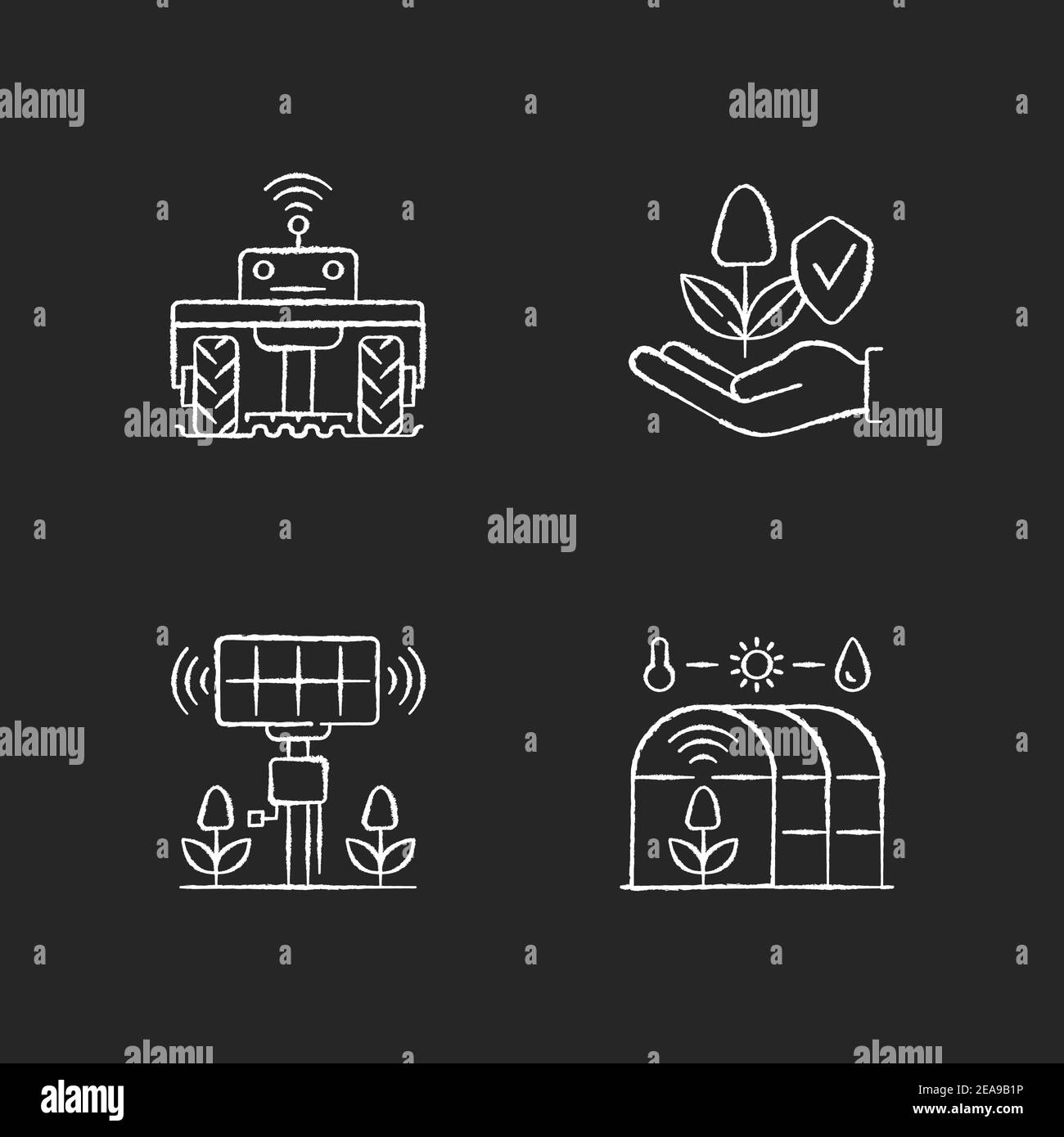 Smart agriculture RGB chalk white icons set on black background Stock ...