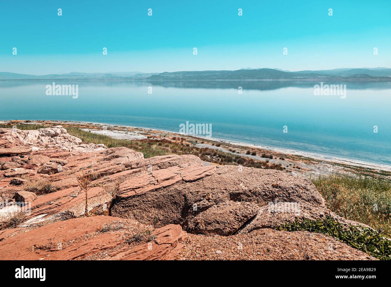 Panoramic view of lake Burdur in the Isparta region. Travel and natural water resources in Turkey concept Stock Photo