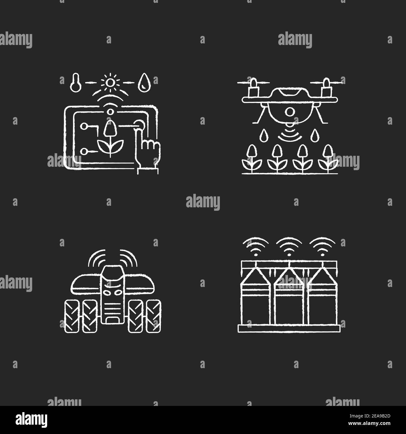 Precision agriculture RGB chalk white icons set on black background ...