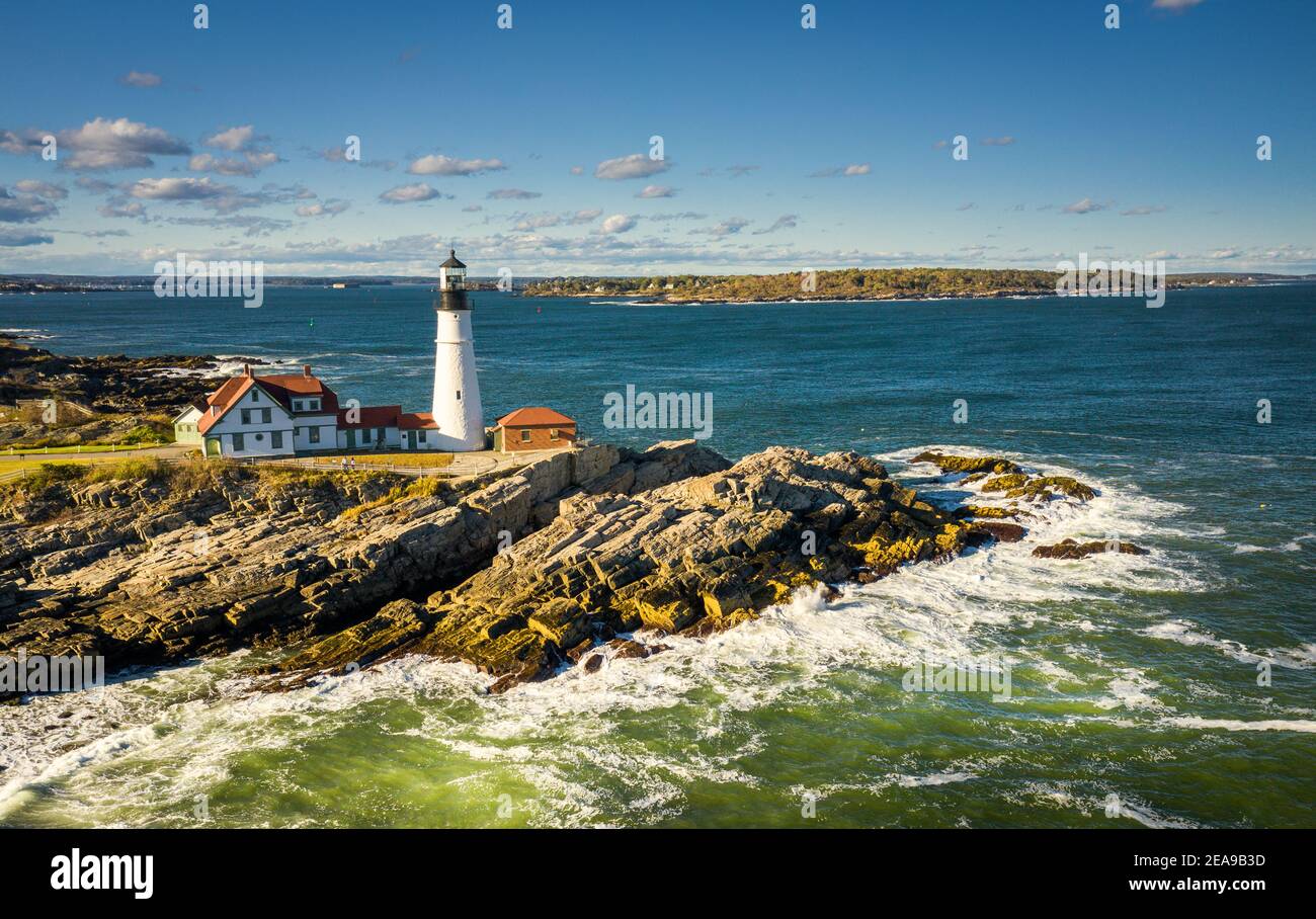 Aerial view of the historic Portland Head Light in Cape Elizabeth, Maine Stock Photo
