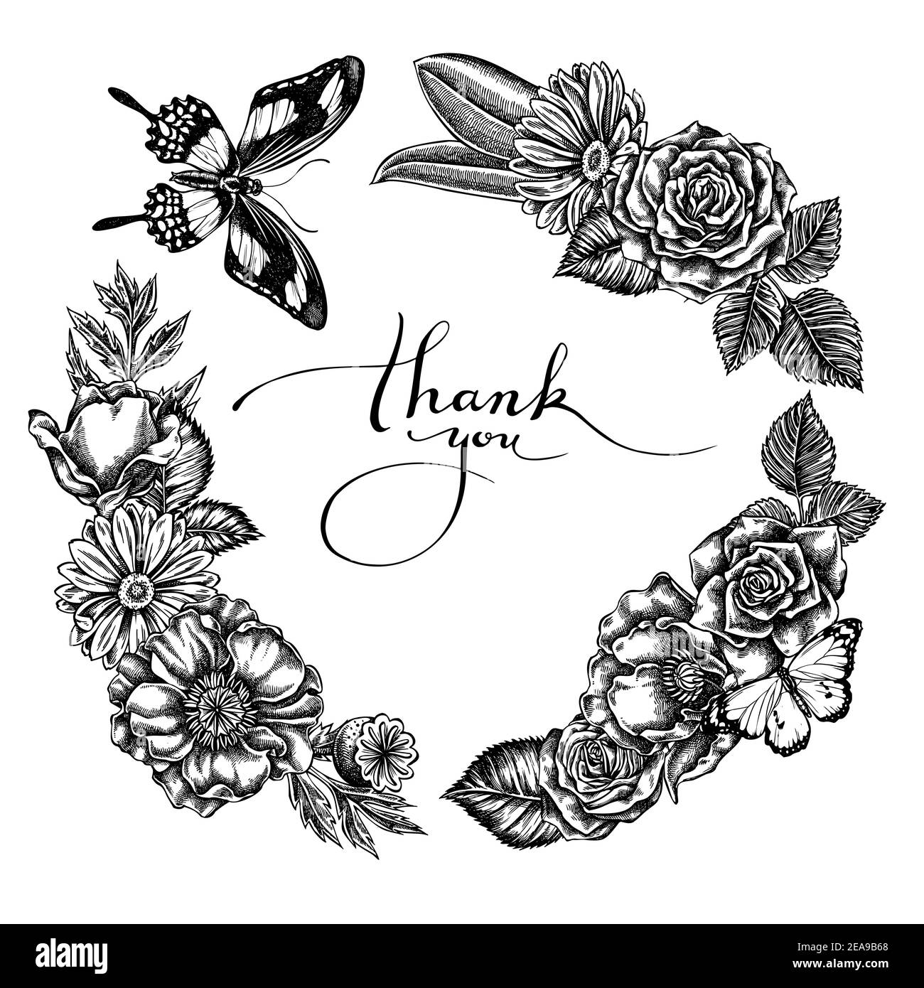 Floral Wreath of black and white poppy flower, calendula, plain tiger