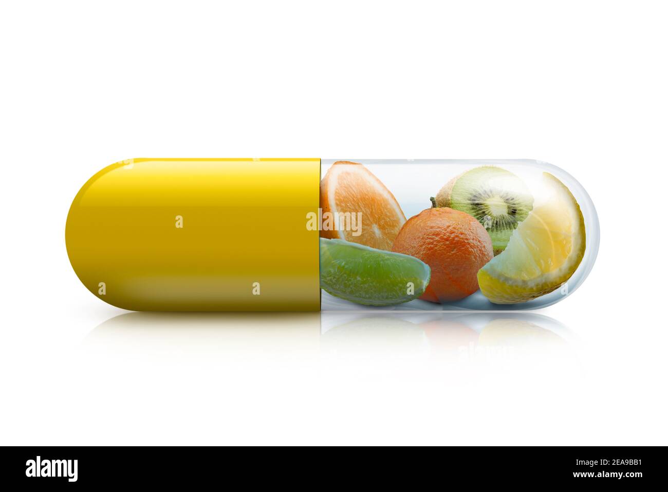 pill with citrus fruits inside on with background with reflection Stock Photo