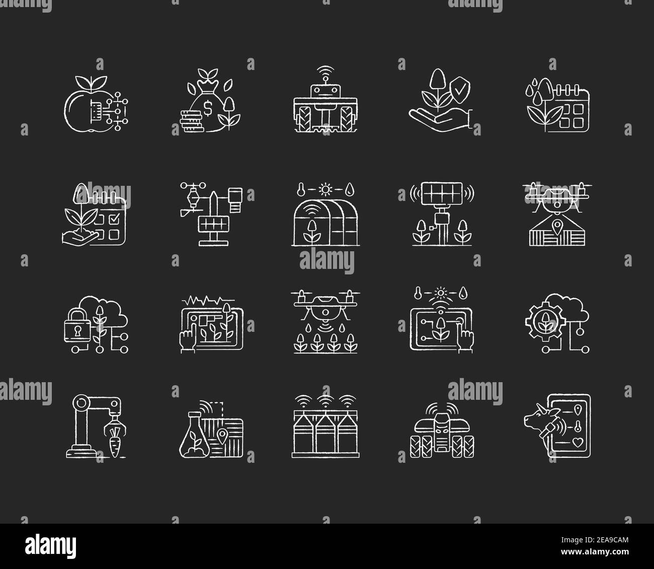 Smart farm system RGB chalk white icons set on black background Stock ...