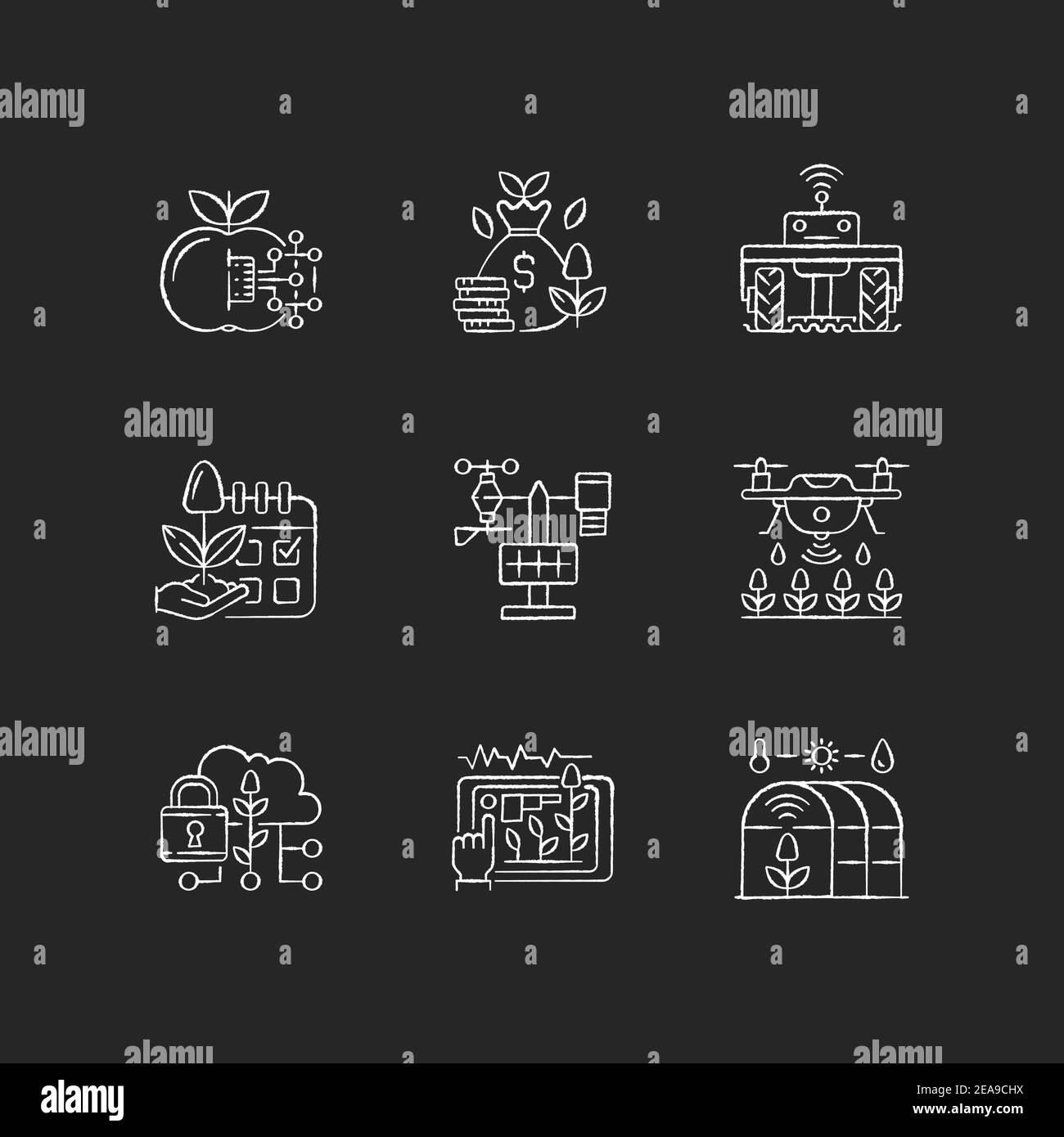 Smart farming RGB chalk white icons set on black background Stock ...