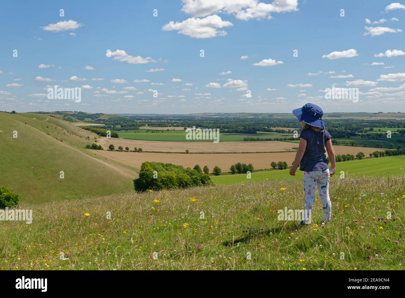 Young girl looking towards Pewsey Downs and the Vale of Pewsey from Knap Hill in summer, near Devizes, Wiltshire, UK, July. Stock Photo