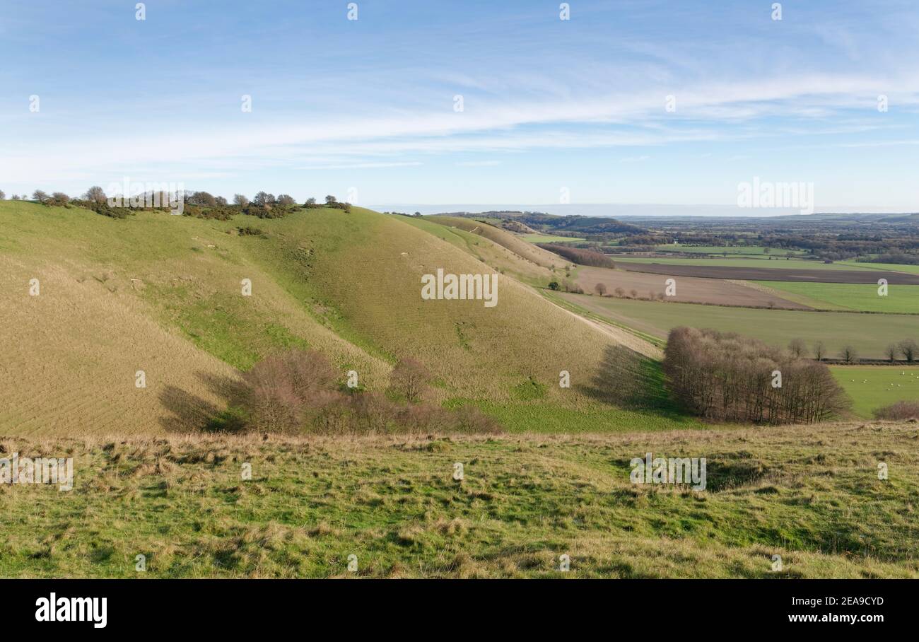 Pewsey Downs and the Vale of Pewsey, viewed from Knap Hill in winter, near Devizes, Wiltshire, UK, December. Stock Photo