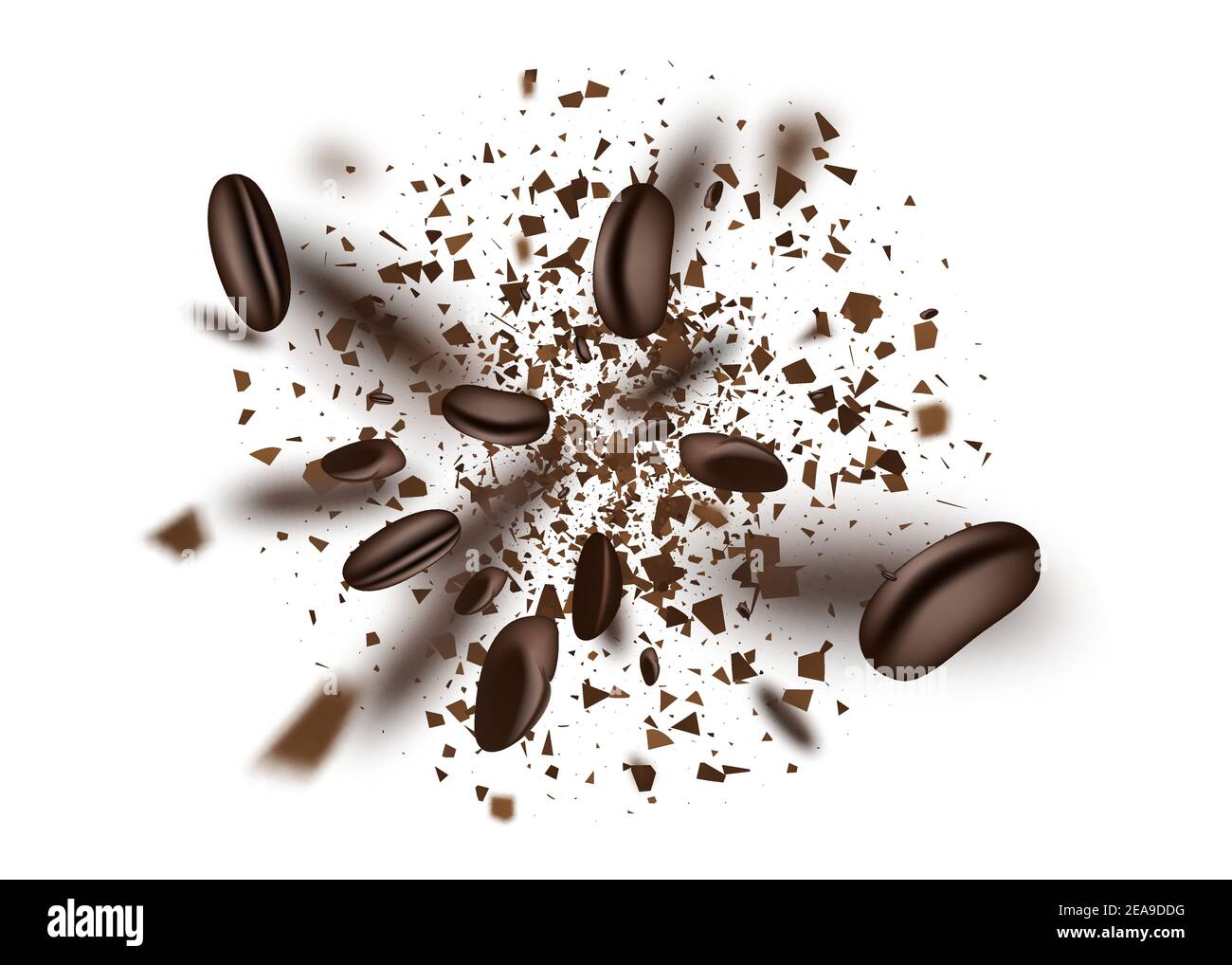 Explosion of coffee bean and powder isolated on white background Stock