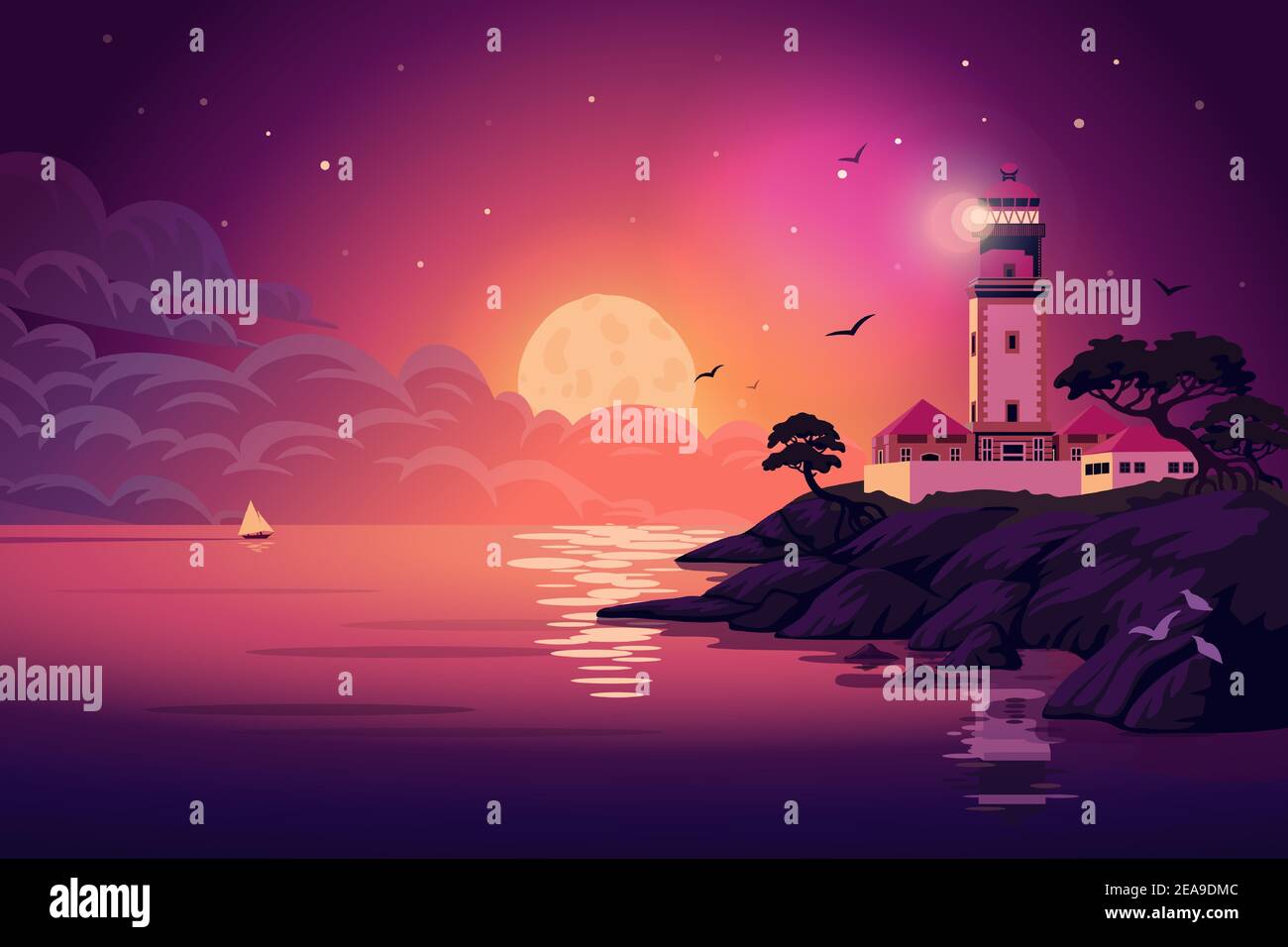 Lighthouse - vector landscape. Sea landscape with beacon on the cliff ...