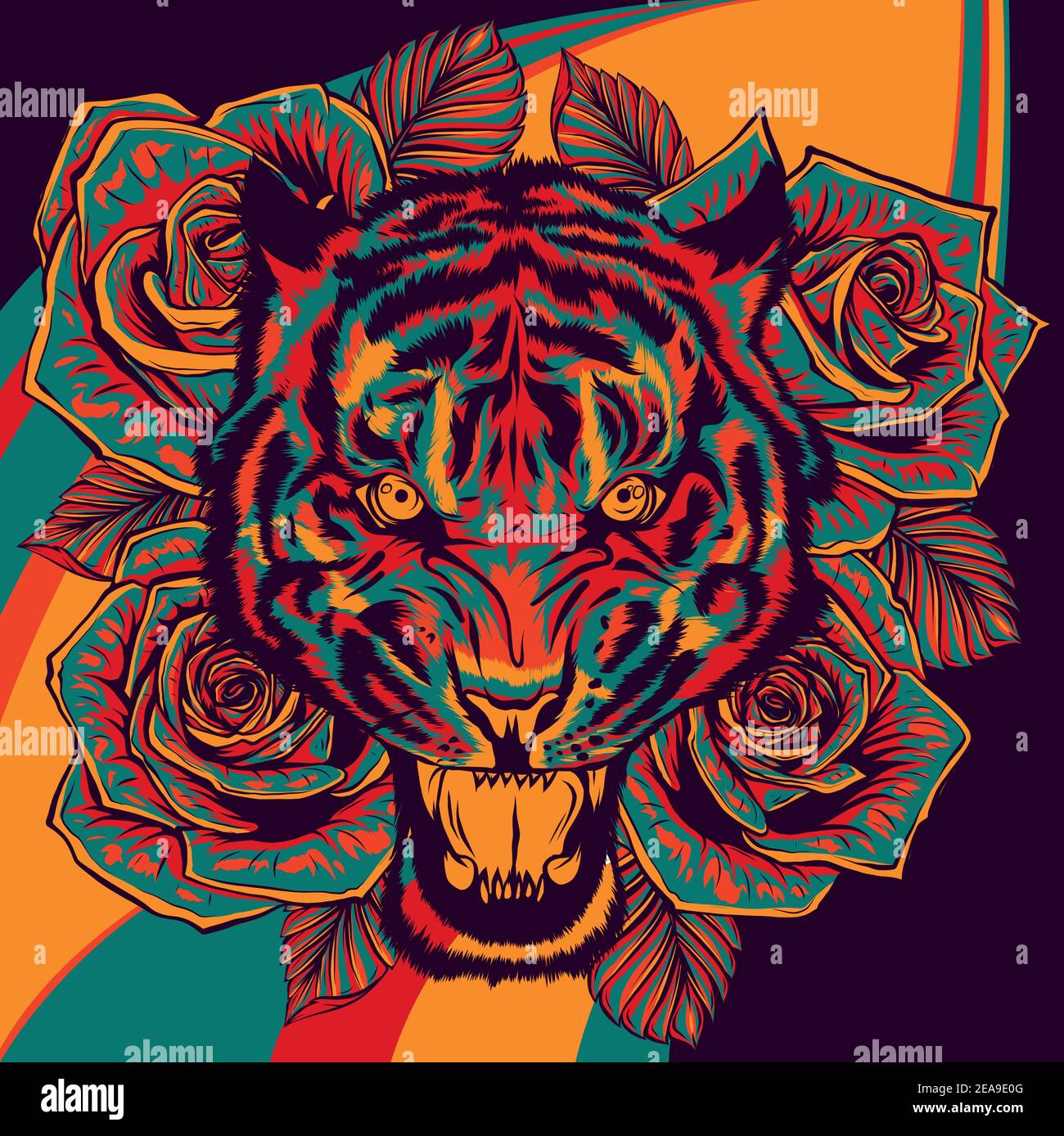 vector illustration of roaring tiger head and roses Stock Vector Image ...