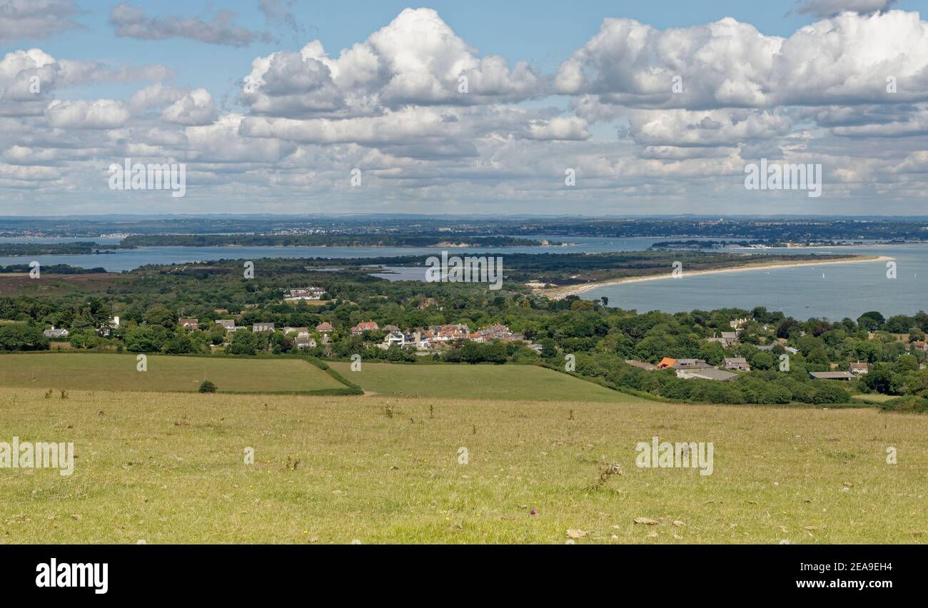 Overview of Studland village and Peninsula from Ballard Down with Poole Harbour in the background, Dorset, UK, August 2020. Stock Photo