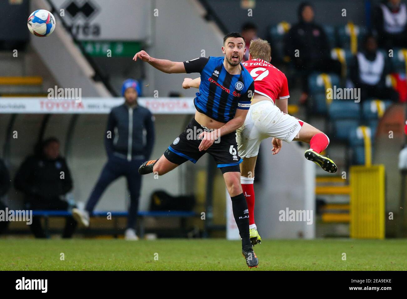 Rochdale's Eoghan O'Connell and Charlton Athletic's Jayden Stockley battle for the ball during the Sky Bet League One match at Crown Oil Arena, Rochdale. Picture date: Saturday February 6, 2021. Stock Photo