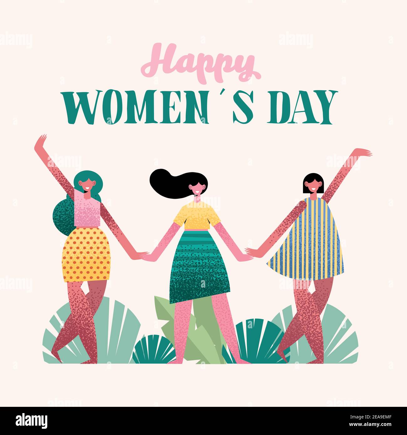 happy womens day lettering card with girls in the camp vector ...