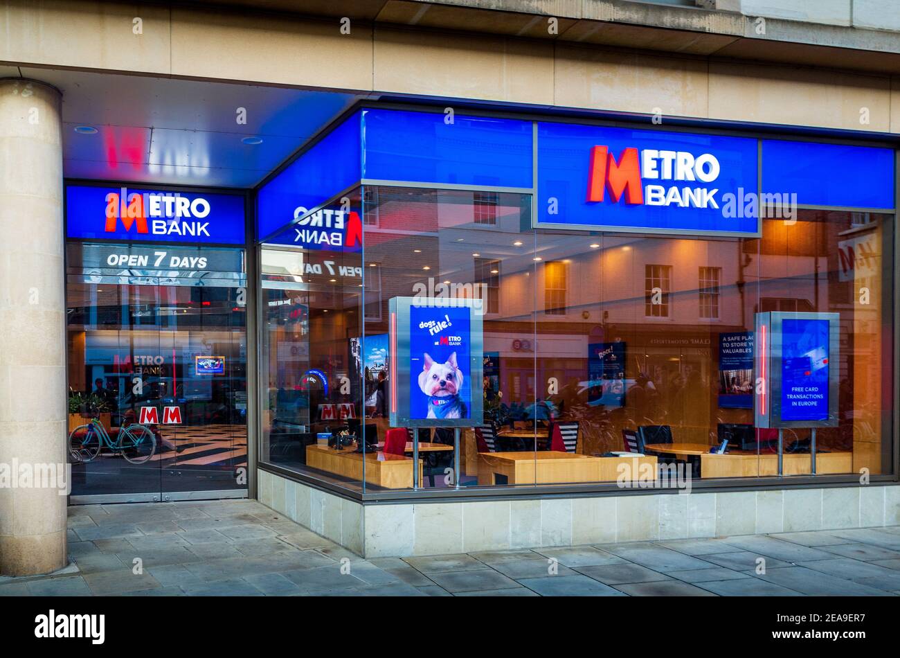 Metro Bank Branch in central Cambridge UK. Metro Bank is a UK challenger bank founded in 2010. Stock Photo