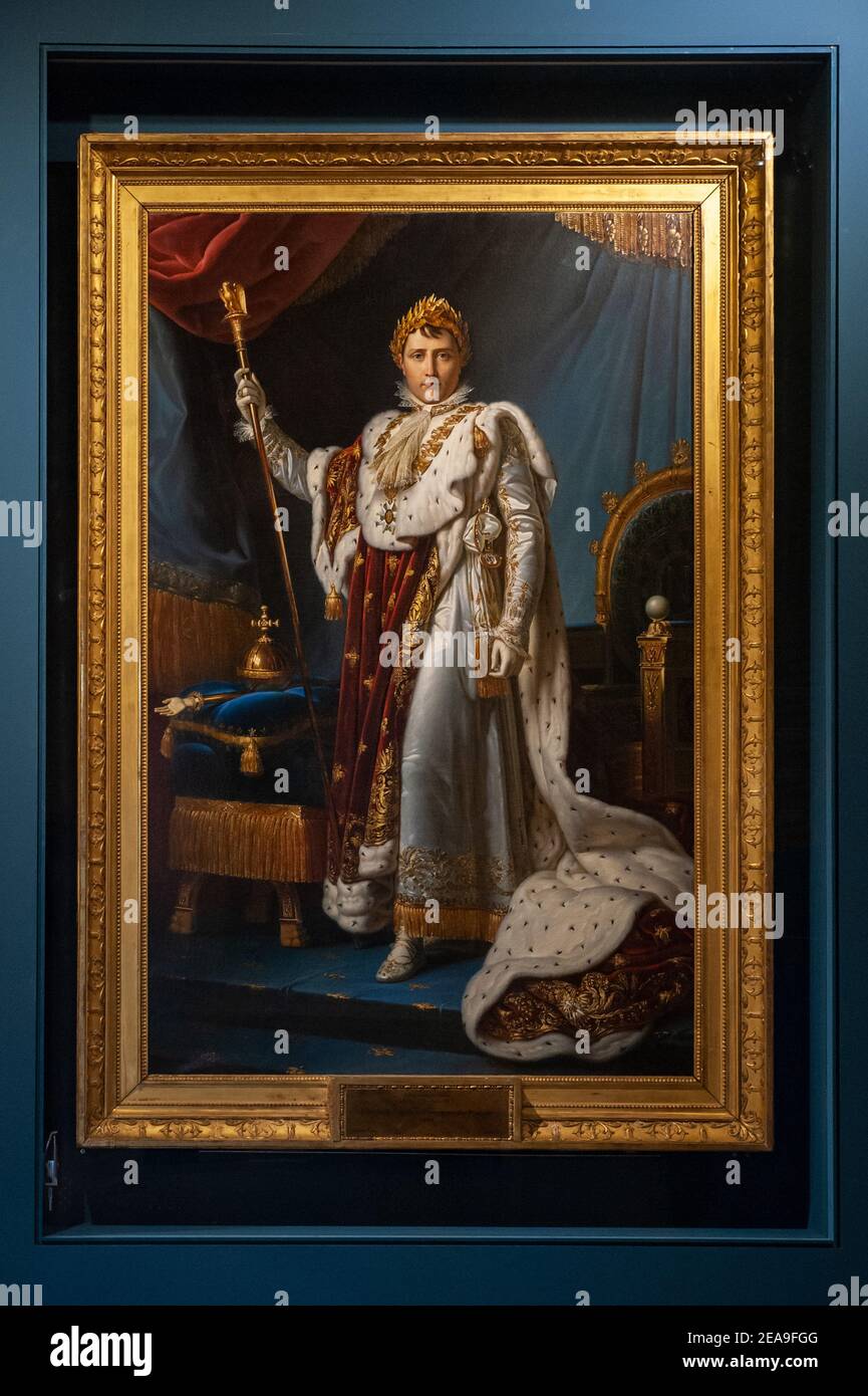 Rome, Italy February, 4 2021: 'Napoleone e il mito di Roma' - Traiano market, Imperial Forum museum. Painting of Napoleon in his coronation robes. © A Stock Photo