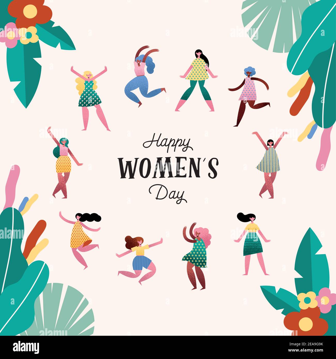 happy womens day lettering card with girls and floral frame vector ...