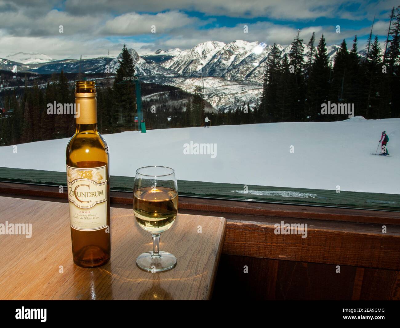 Wine and view from the Backside Bistro, Durango Mountain Resort - Purgatory, Durango, Colorado. Stock Photo