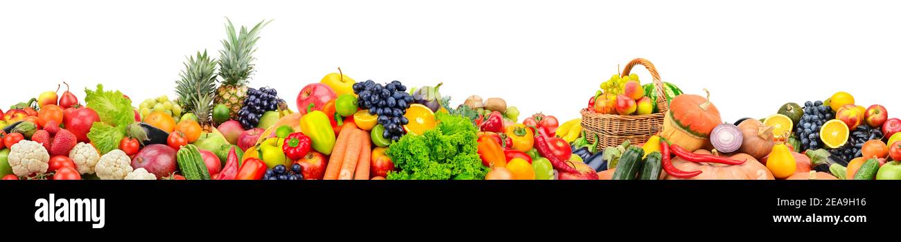 Wide panoramic photo fruits, vegetables, berries for your layout isolated on white background Stock Photo