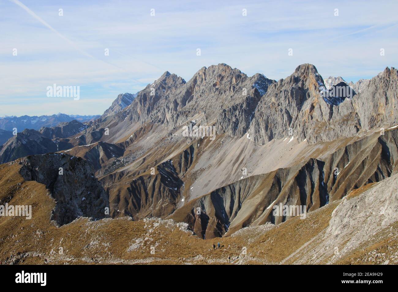 Hike to the Gehrenspitze (2367m) in the Wetterstein Mountains, 2 young men, Leutasch, Leutasch Valley, Puittal, late autumn Stock Photo